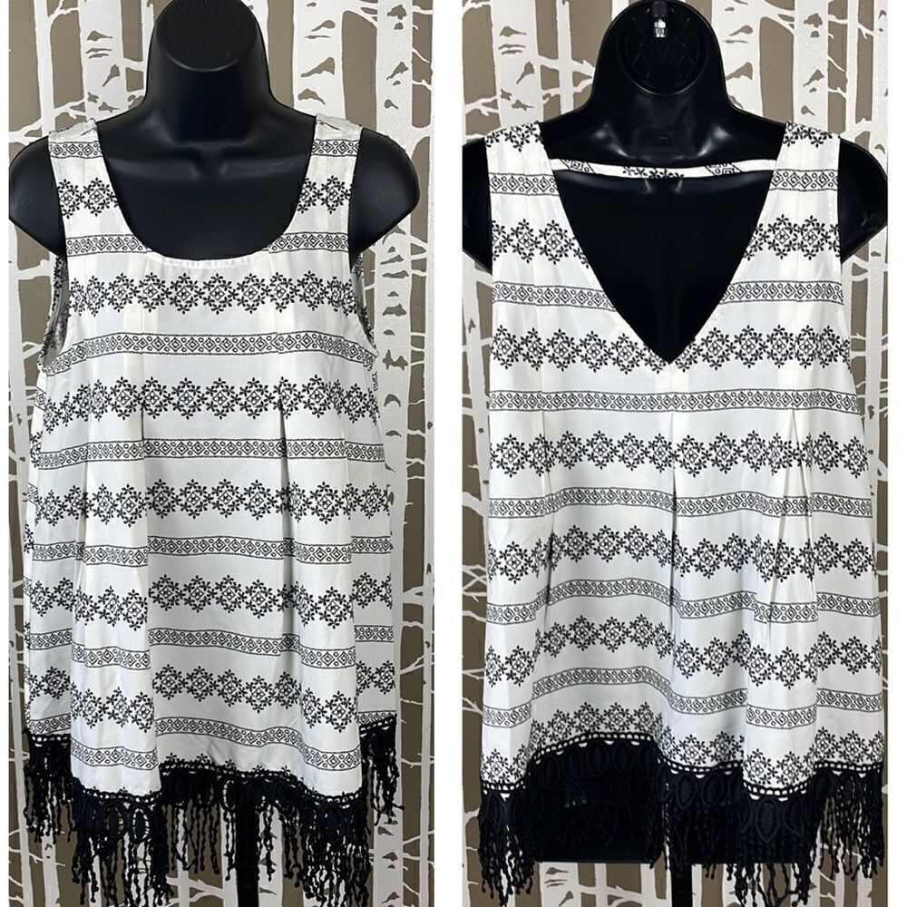 NEW Tribal Floral Stripe Fringe Trim Trapeze Tank Top sz S